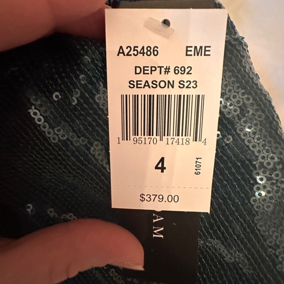 Green formal sequin long halter neck dress. Betsy and Adam